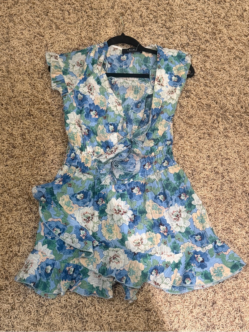 AKIRA Blue Floral Ruffle-Waist Mini Dress